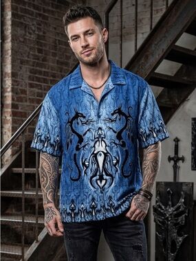 VTG Steve & Barry's Blue Dragon Graphic Button Down Shirt XL Y2K Mall Goth